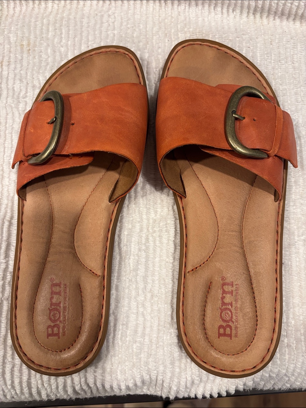 Born Women's Orange Leather Slide Sandals with Buckle Accent